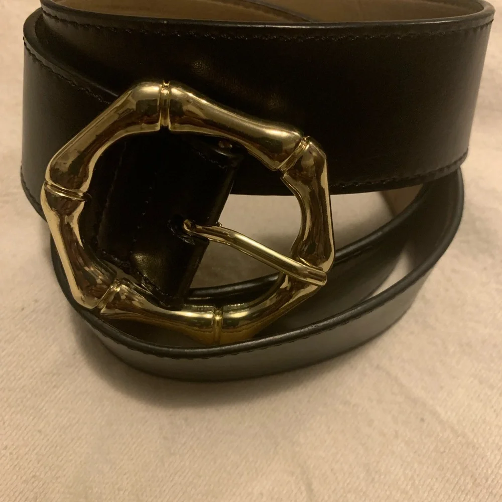 ✨⚡️💥Talbots Women Belt Size S Black Leather Exterior Gold Bamboo Buckle - Picture 3 of 11